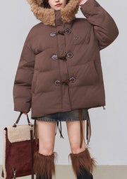 Loose Coffee Hooded Drawstring Patchwork Cotton Filled Parka Winter