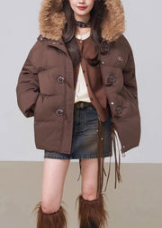 Loose Coffee Hooded Drawstring Patchwork Cotton Filled Parka Winter