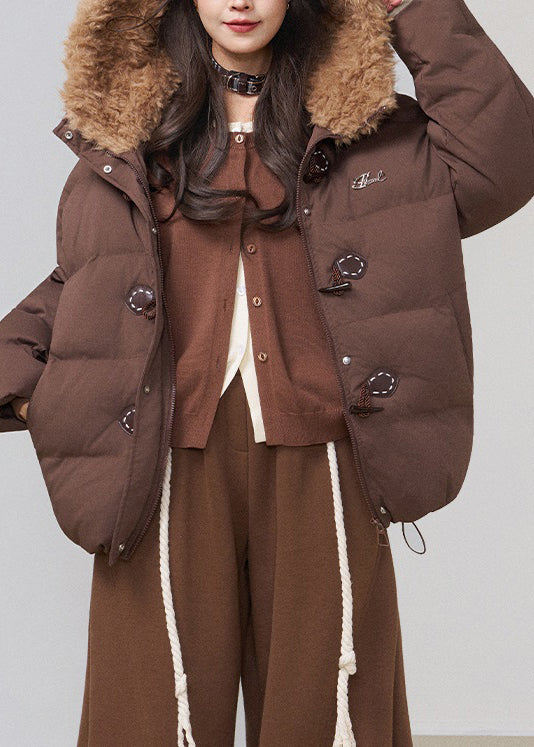 Loose Coffee Hooded Drawstring Patchwork Cotton Filled Parka Winter