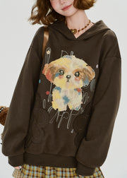 Loose Coffee Hooded Print Cotton Sweatshirt Fall