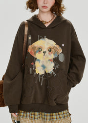 Loose Coffee Hooded Print Cotton Sweatshirt Fall