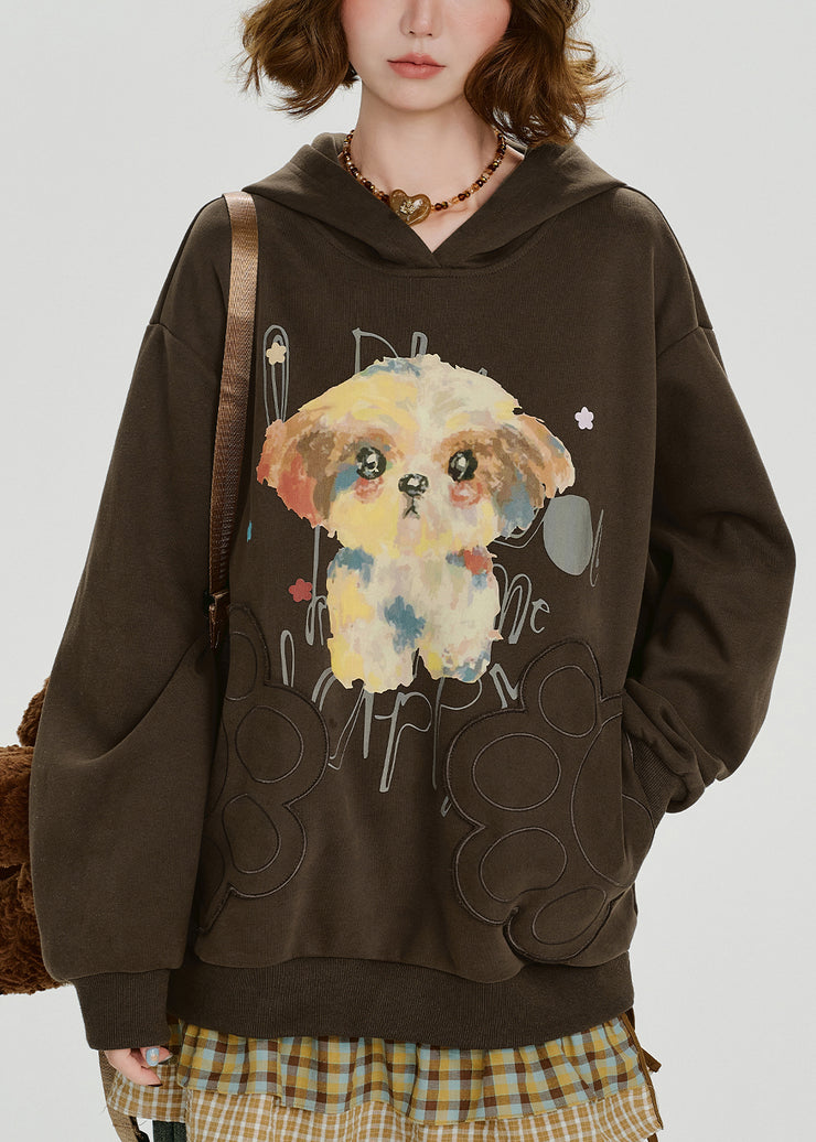 Loose Coffee Hooded Print Cotton Sweatshirt Fall