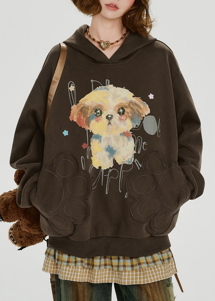 Loose Coffee Hooded Print Cotton Sweatshirt Fall