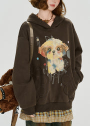 Loose Coffee Hooded Print Cotton Sweatshirt Fall