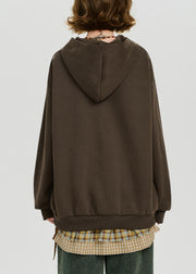 Loose Coffee Hooded Print Cotton Sweatshirt Fall