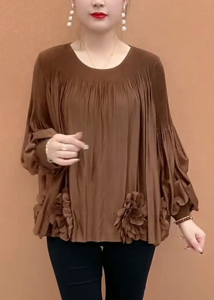 Loose Coffee O-Neck Patchwork Floral T Shirt Lantern Sleeve