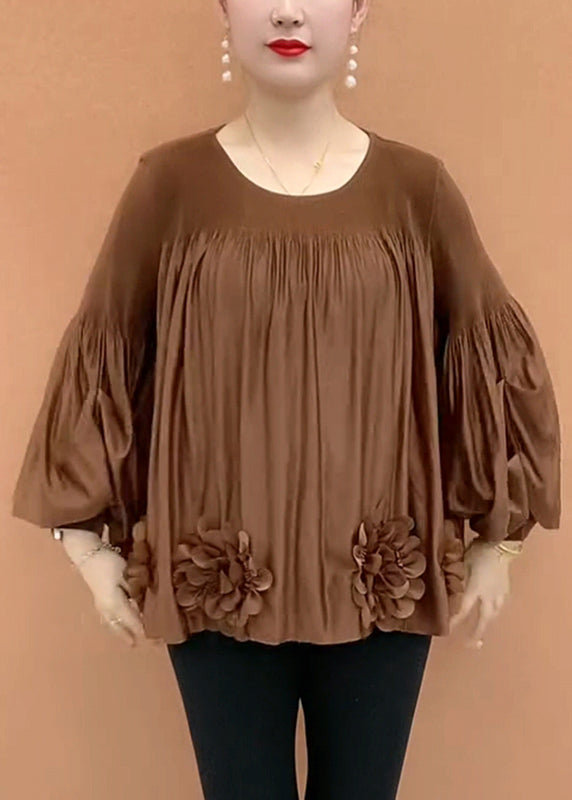 Loose Coffee O-Neck Patchwork Floral T Shirt Lantern Sleeve