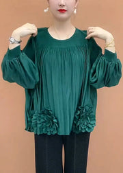 Loose Coffee O-Neck Patchwork Floral T Shirt Lantern Sleeve