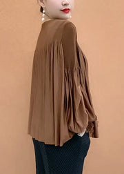 Loose Coffee O-Neck Patchwork Floral T Shirt Lantern Sleeve