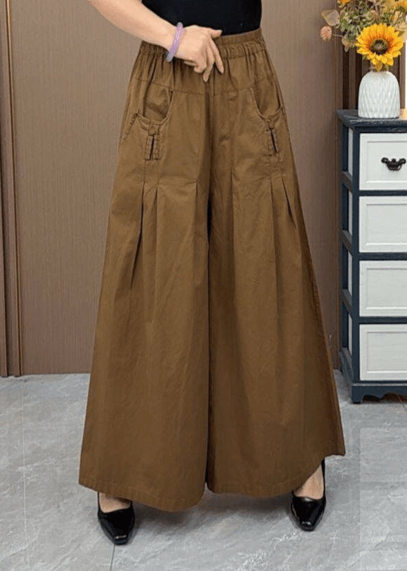 Loose Coffee Pockets Elastic Waist Cotton Wide Leg Pants Fall