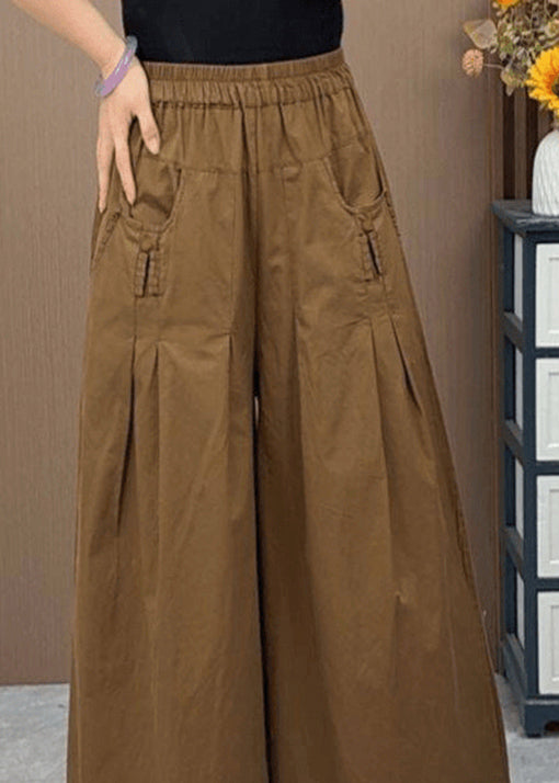 Loose Coffee Pockets Elastic Waist Cotton Wide Leg Pants Fall