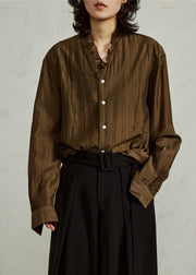 Loose Coffee Ruffled Button Cotton Blouses Fall