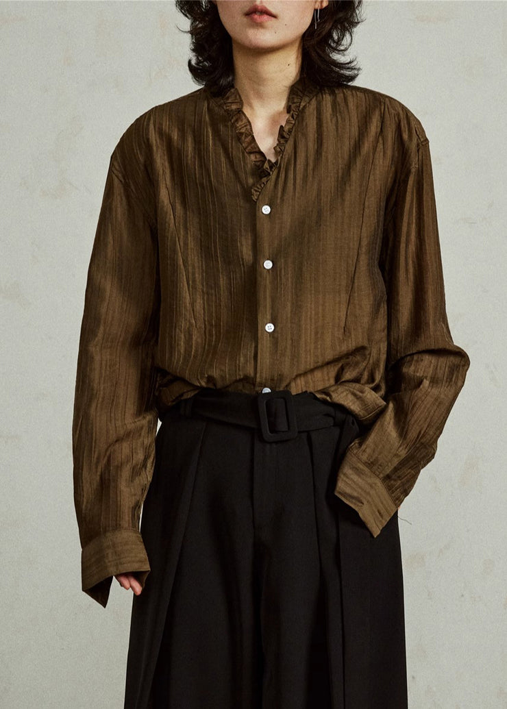 Loose Coffee Ruffled Button Cotton Blouses Fall