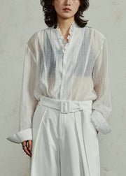 Loose Coffee Ruffled Button Cotton Blouses Fall