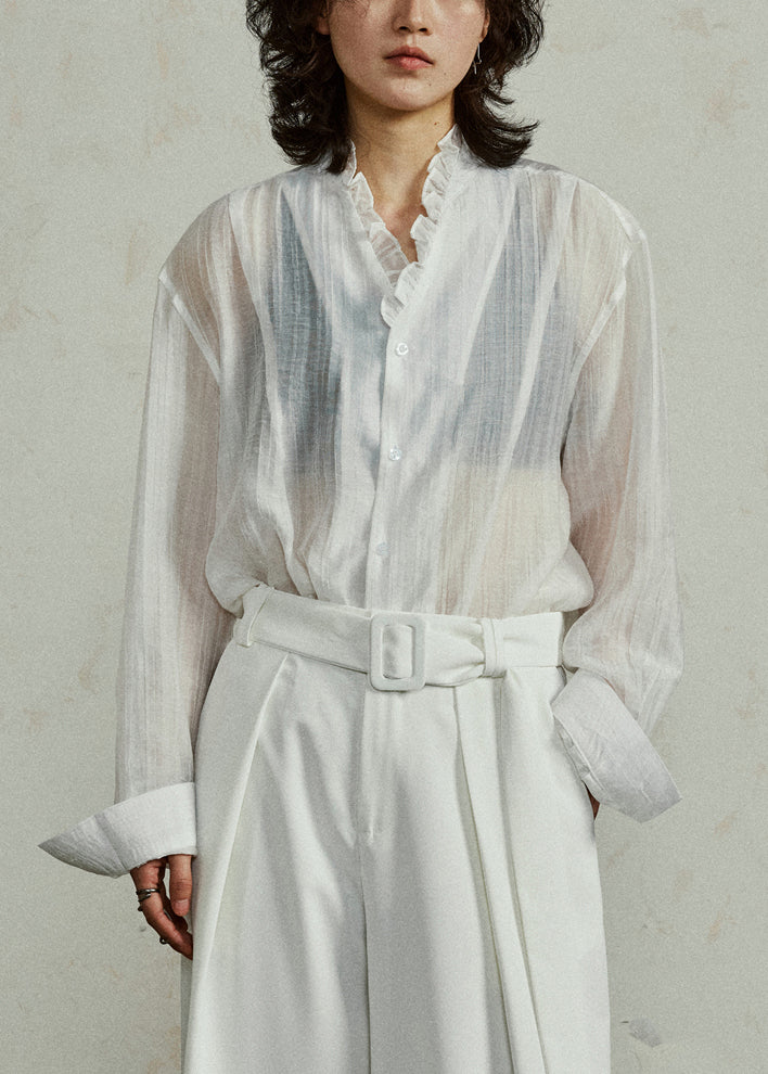 Loose Coffee Ruffled Button Cotton Blouses Fall