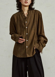 Loose Coffee Ruffled Button Cotton Blouses Fall