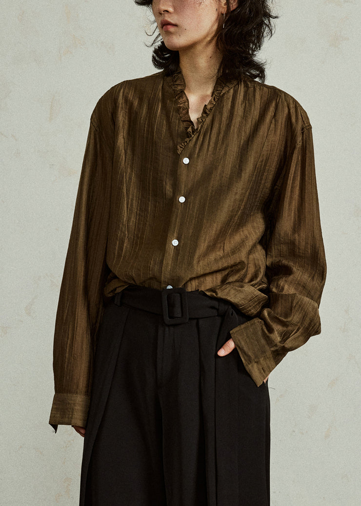 Loose Coffee Ruffled Button Cotton Blouses Fall