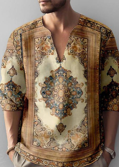 Loose Coffee V Neck Print Cotton T Shirts Men Fall