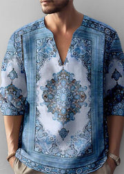 Loose Coffee V Neck Print Cotton T Shirts Men Fall