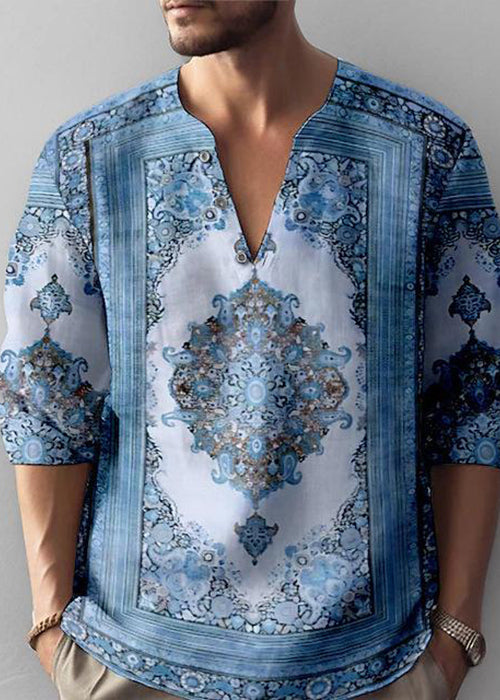 Loose Coffee V Neck Print Cotton T Shirts Men Fall