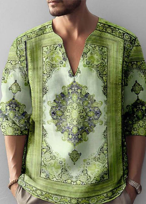 Loose Coffee V Neck Print Cotton T Shirts Men Fall