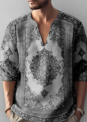 Loose Coffee V Neck Print Cotton T Shirts Men Fall