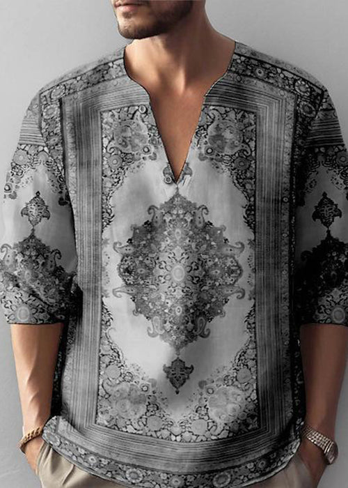 Loose Coffee V Neck Print Cotton T Shirts Men Fall