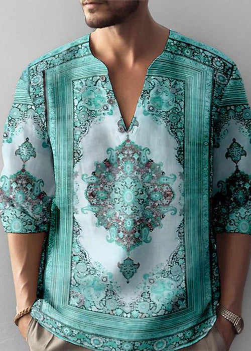 Loose Coffee V Neck Print Cotton T Shirts Men Fall