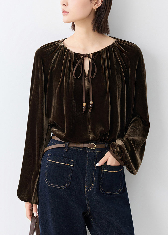 Loose Coffee Wrinkled Lace Up Silk Velour Shirt Fall