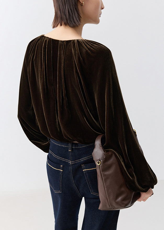 Loose Coffee Wrinkled Lace Up Silk Velour Shirt Fall