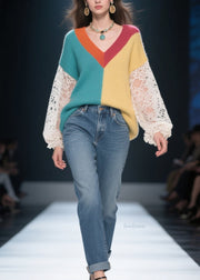 Loose Colorblock Hollow Out Lace Patchwork Knit Sweater Fall