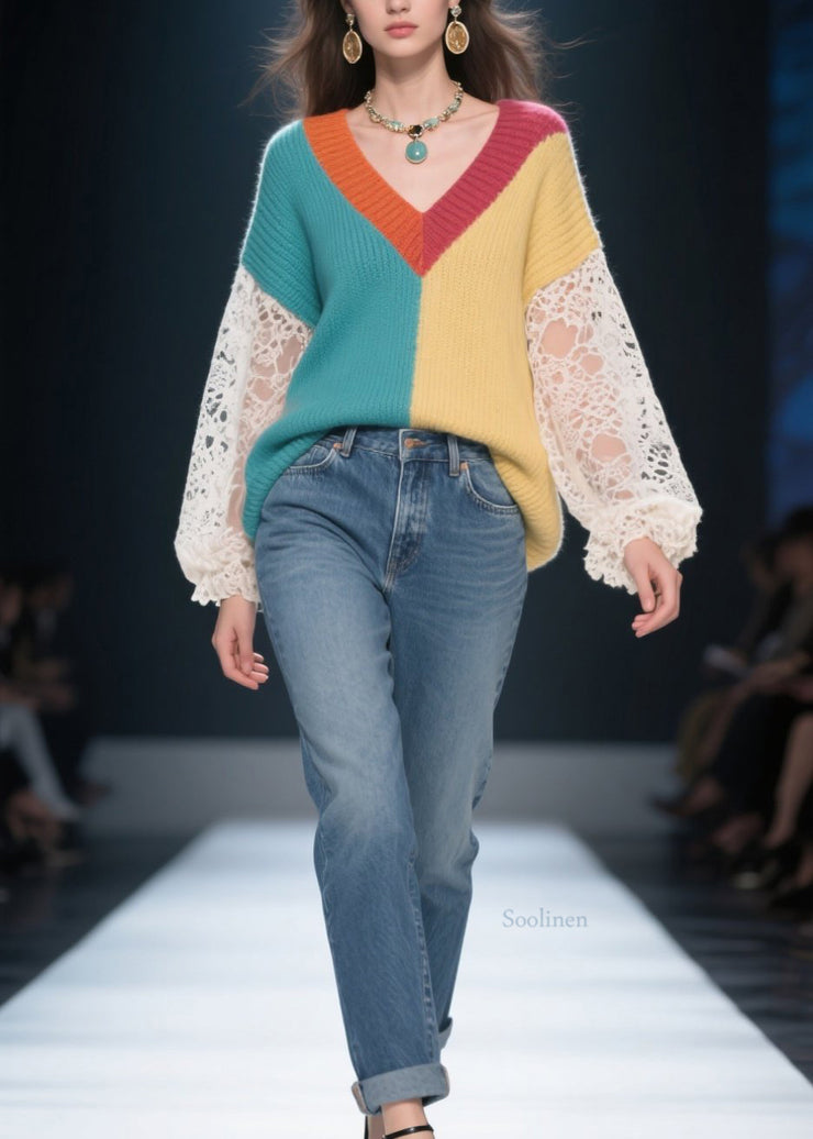 Loose Colorblock Hollow Out Lace Patchwork Knit Sweater Fall