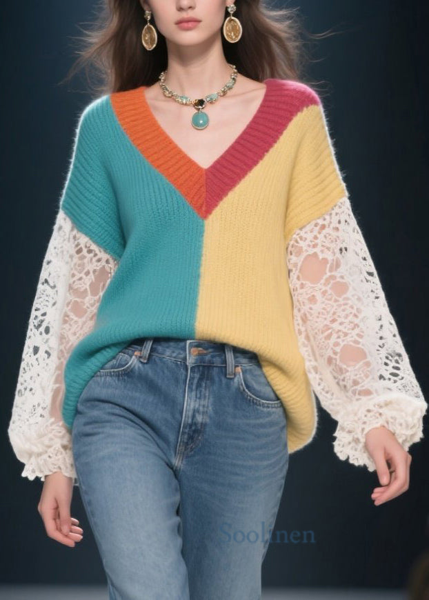 Loose Colorblock Hollow Out Lace Patchwork Knit Sweater Fall