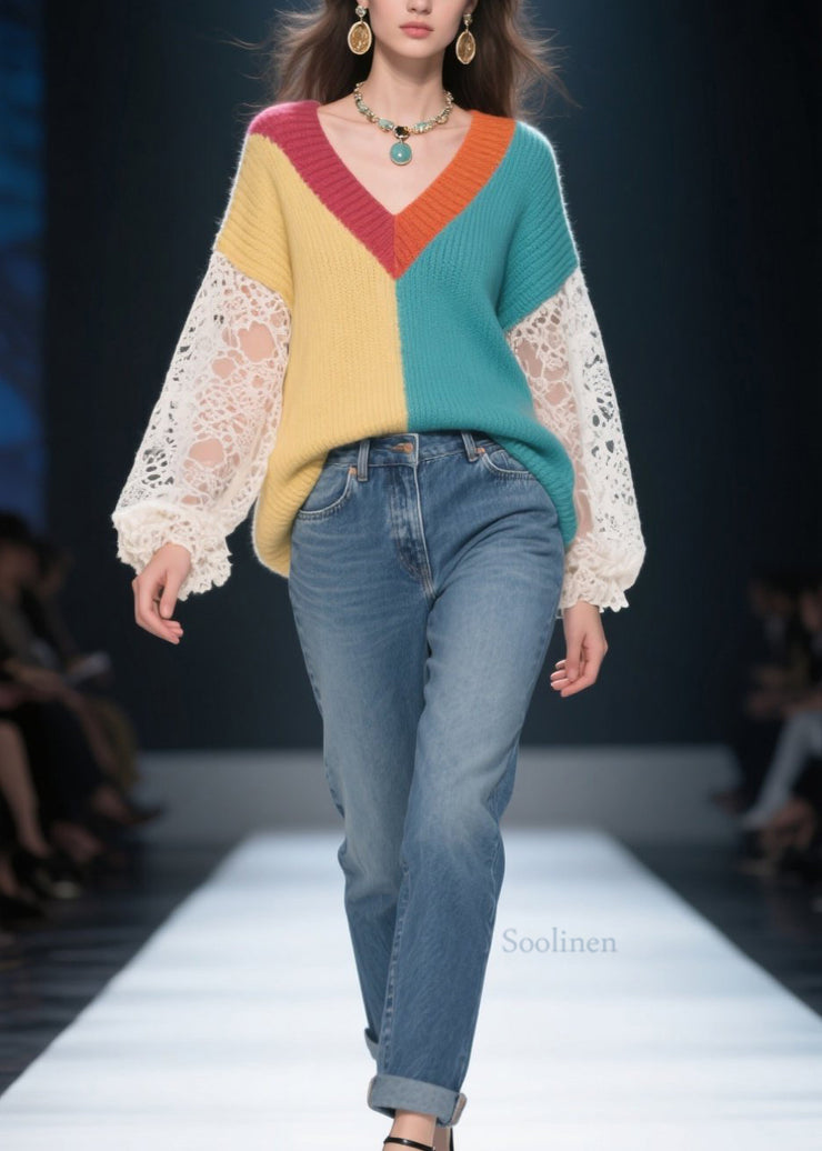 Loose Colorblock Hollow Out Lace Patchwork Knit Sweater Fall