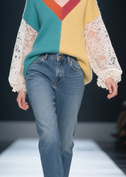 Loose Colorblock Hollow Out Lace Patchwork Knit Sweater Fall
