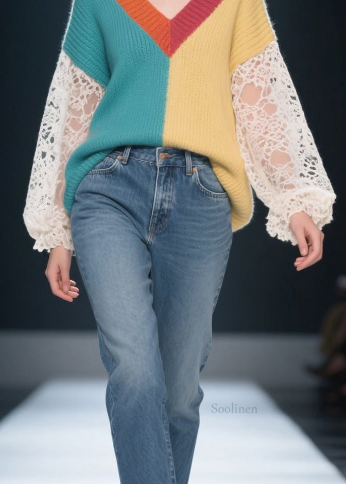 Loose Colorblock Hollow Out Lace Patchwork Knit Sweater Fall