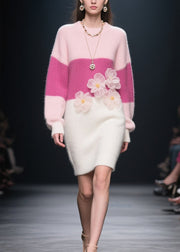 Loose Colorblock O Neck Floral Knit Long Dress Winter