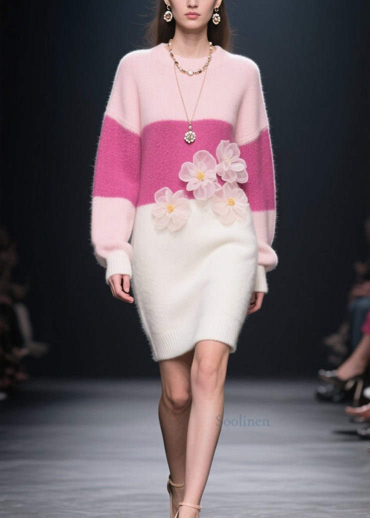 Loose Colorblock O Neck Floral Knit Long Dress Winter