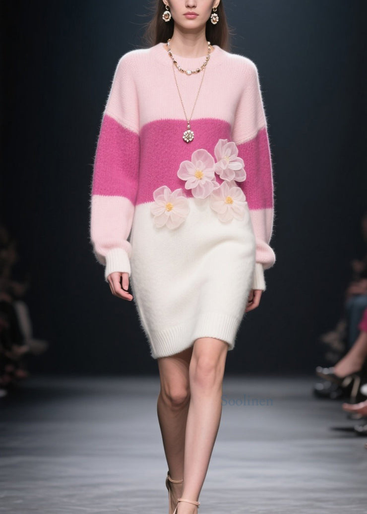 Loose Colorblock O Neck Floral Knit Long Dress Winter