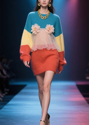 Loose Colorblock O Neck Tulle Floral Knit Sweater Dress Winter