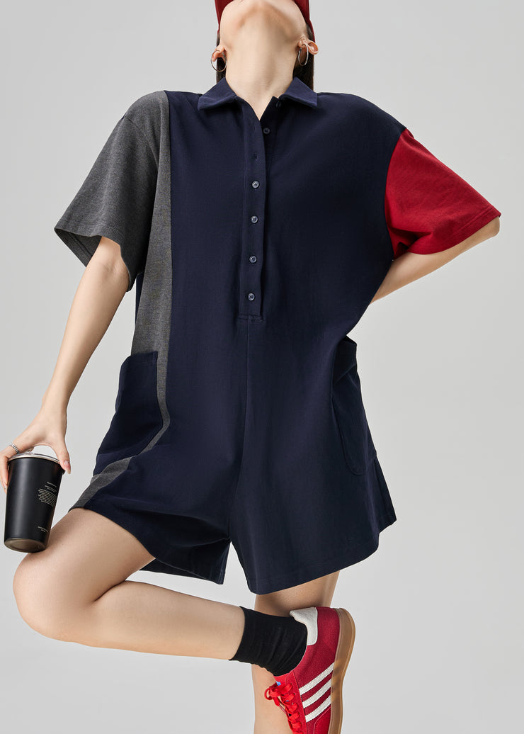 Loose Colorblock Peter Pan Collar Pockets Cotton Jumpsuits Summer