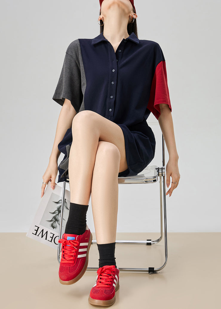 Loose Colorblock Peter Pan Collar Pockets Cotton Jumpsuits Summer