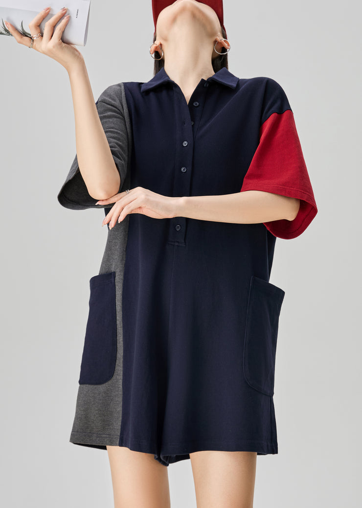 Loose Colorblock Peter Pan Collar Pockets Cotton Jumpsuits Summer
