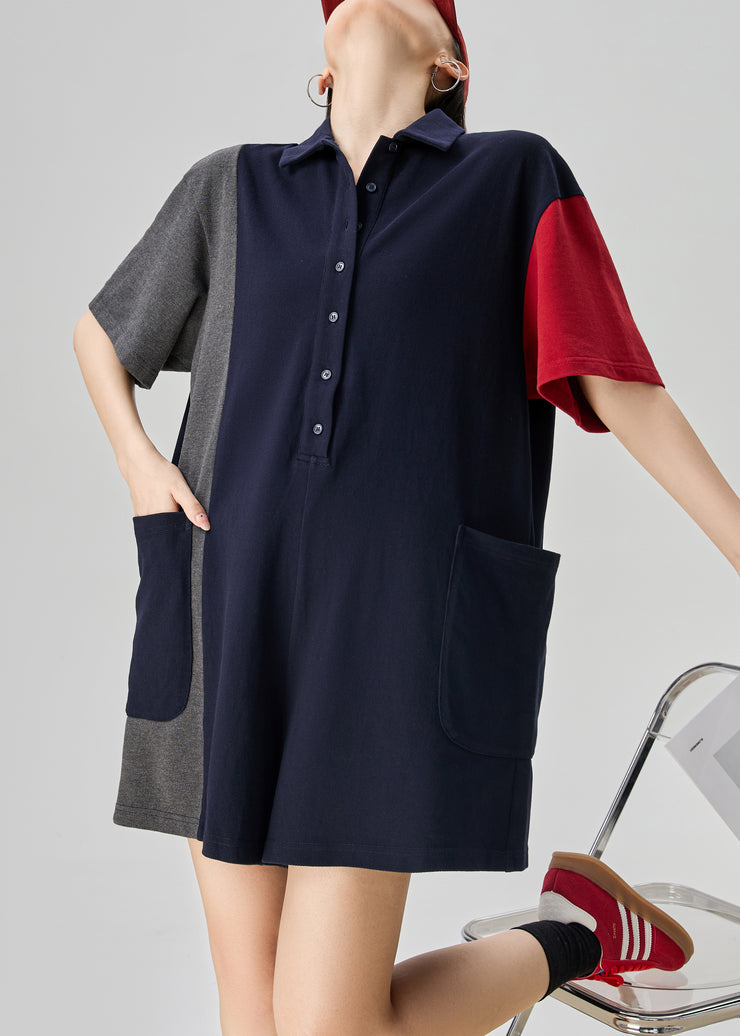 Loose Colorblock Peter Pan Collar Pockets Cotton Jumpsuits Summer