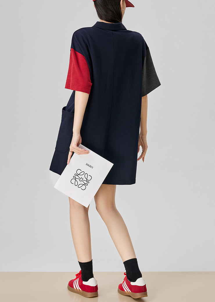 Loose Colorblock Peter Pan Collar Pockets Cotton Jumpsuits Summer