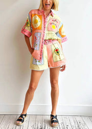 Loose Colorblock Print Blouses And Shorts Linen Two Pieces Set Summer