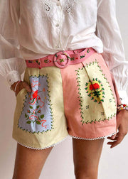 Loose Colorblock Print Blouses And Shorts Linen Two Pieces Set Summer