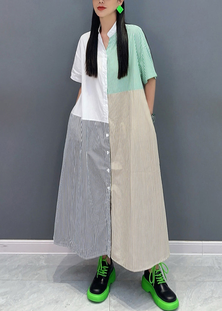 Loose Colorblock Striped Stand Collar Button Maxi Dress Summer
