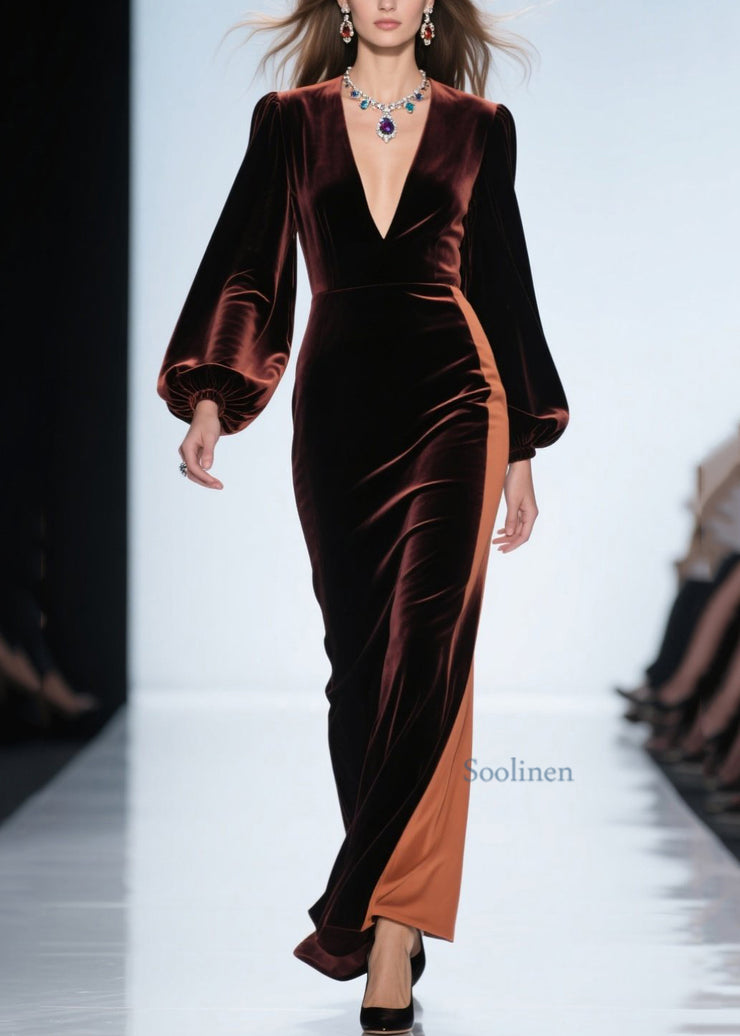 Loose Colorblock V Neck Patchwork Velvet Dress Fall