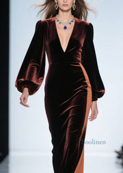 Loose Colorblock V Neck Patchwork Velvet Dress Fall